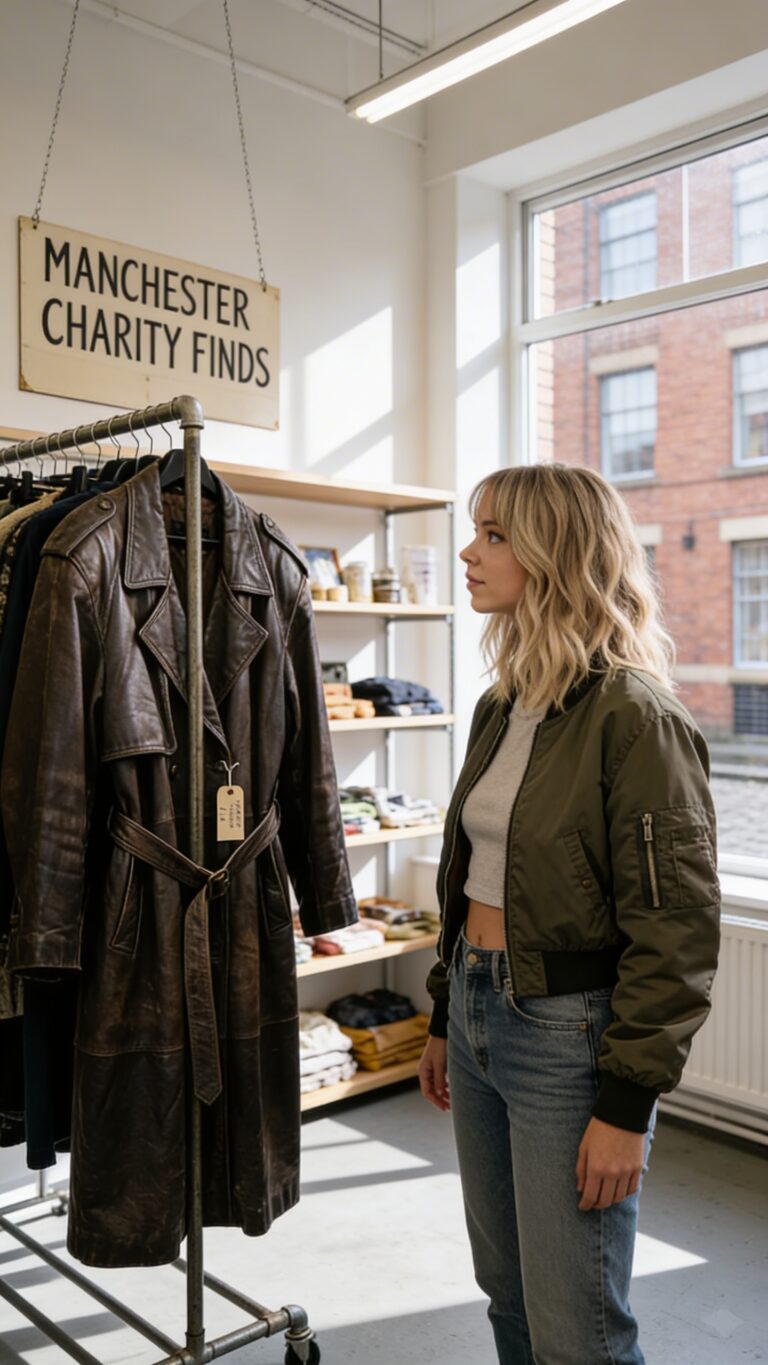 Mia looking at a vintage leather trench coat in thrift shop